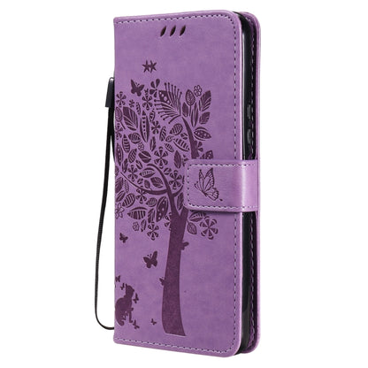 For vivo Y72 5G / iQOO Z3 Tree & Cat Embossing Pattern Horizontal Flip PU Leather Case with Holder & Card Slots & Wallet & Lanyard(Light Purple) - vivo Cases by buy2fix | Online Shopping UK | buy2fix