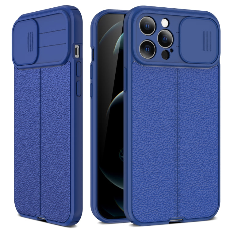 For iPhone 11 Pro Max Litchi Texture Sliding Camshield TPU Protective Case (Blue) - iPhone 11 Pro Max Cases by buy2fix | Online Shopping UK | buy2fix