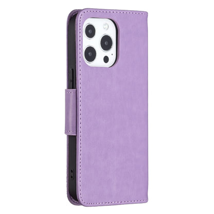 For iPhone 13 Embossing Two Butterflies Pattern Horizontal Flip PU Leather Case with Holder & Card Slot & Wallet & Lanyard(Purple) - iPhone 13 Cases by buy2fix | Online Shopping UK | buy2fix