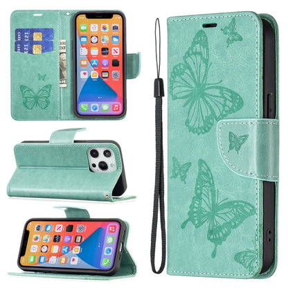 For iPhone 13 Embossing Two Butterflies Pattern Horizontal Flip PU Leather Case with Holder & Card Slot & Wallet & Lanyard(Green) - iPhone 13 Cases by buy2fix | Online Shopping UK | buy2fix