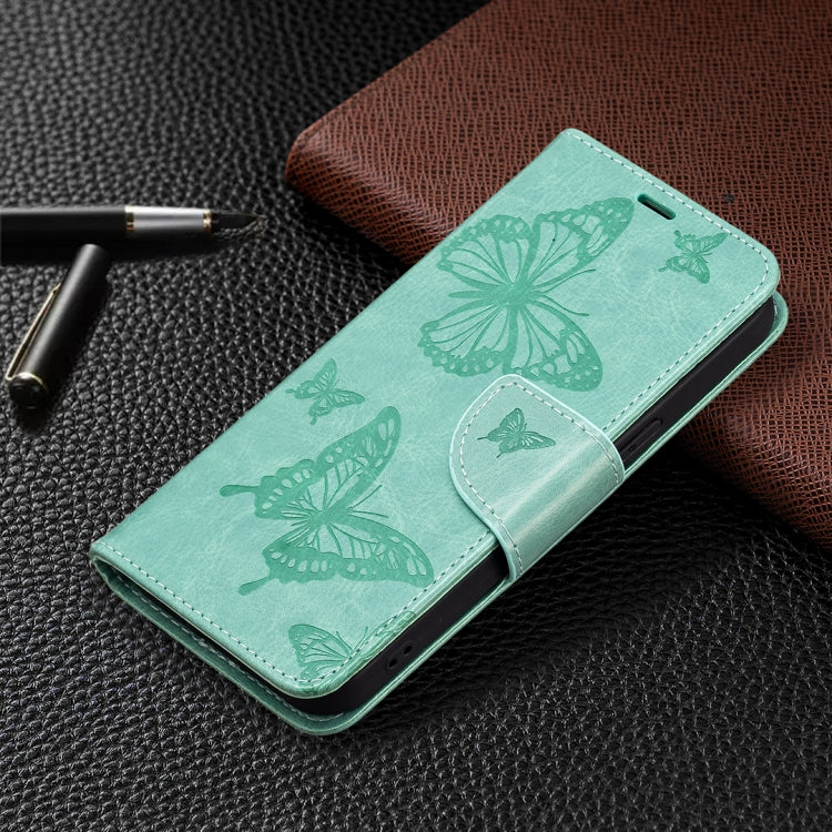 For iPhone 13 Embossing Two Butterflies Pattern Horizontal Flip PU Leather Case with Holder & Card Slot & Wallet & Lanyard(Green) - iPhone 13 Cases by buy2fix | Online Shopping UK | buy2fix