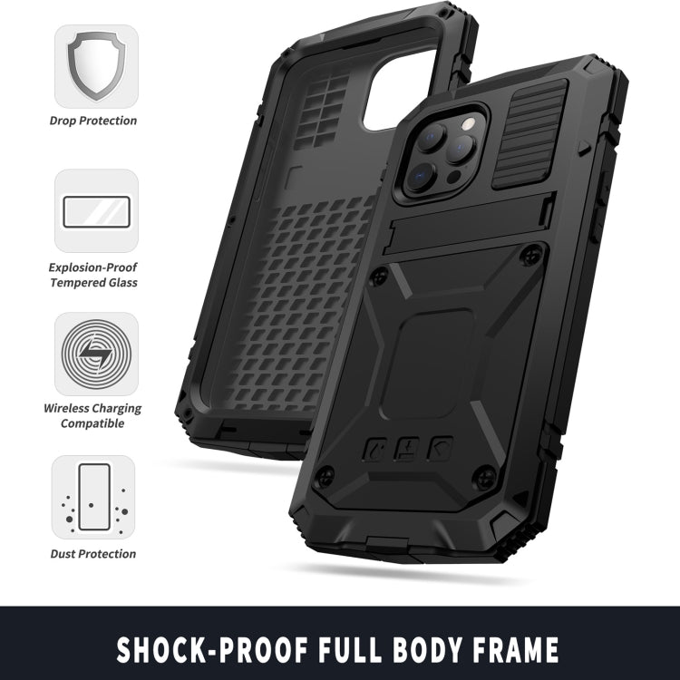 For iPhone 13 R-JUST Shockproof Waterproof Dust-proof Metal + Silicone Protective Case with Holder(Black) - iPhone 13 Cases by R-JUST | Online Shopping UK | buy2fix