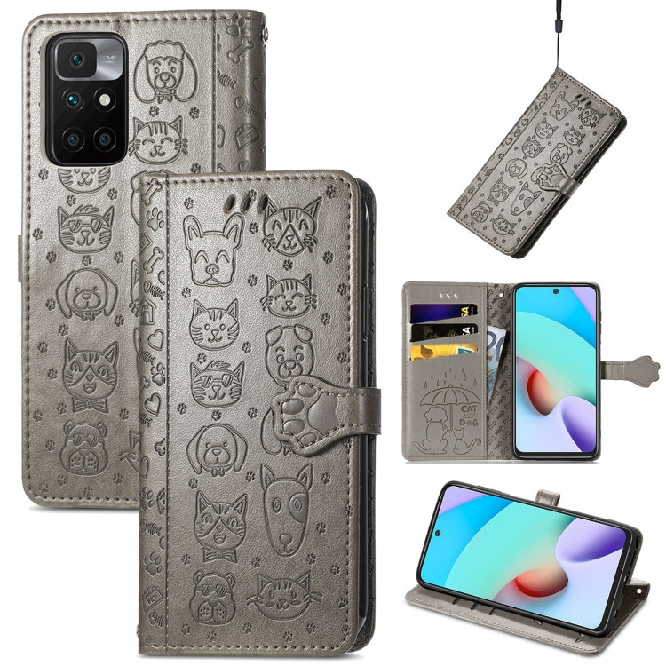 For Xiaomi Redmi 10 Lovely Cat and Dog Embossing Pattern Horizontal Flip Leather Case , with Holder & Card Slots & Wallet & Cartoon Clasp & Lanyard(Grey) - Xiaomi Cases by buy2fix | Online Shopping UK | buy2fix