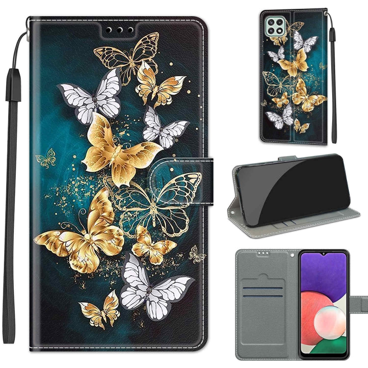 Voltage Coloured Drawing Magnetic Clasp Horizontal Flip PU Leather Case with Holder & Card Slots For Samsung Galaxy A22 5G(C20 Gold Silver Flying Butterflies) - Galaxy Phone Cases by buy2fix | Online Shopping UK | buy2fix