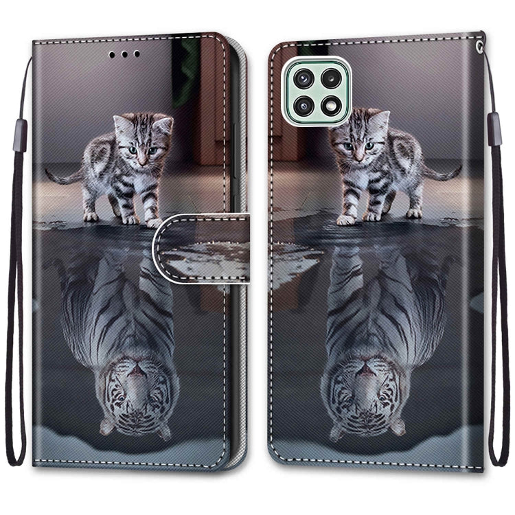 For Samsung Galaxy A22 5G Coloured Drawing Cross Texture Horizontal Flip PU Leather Case with Holder & Card Slots & Wallet & Lanyard(Cat Becomes Tiger) - Galaxy Phone Cases by buy2fix | Online Shopping UK | buy2fix