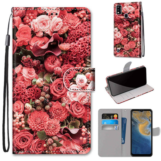 For ZTE Blade A51 Coloured Drawing Cross Texture Horizontal Flip PU Leather Case with Holder & Card Slots & Wallet & Lanyard(Pink Rose Garden) - ZTE Cases by buy2fix | Online Shopping UK | buy2fix