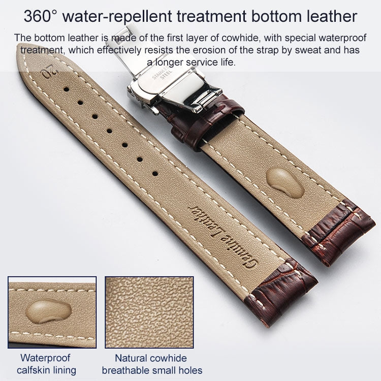 22mm Classic Cowhide Leather Black Butterfly Buckle Watch Band(Black White Lines) - 22mm Bands by buy2fix | Online Shopping UK | buy2fix