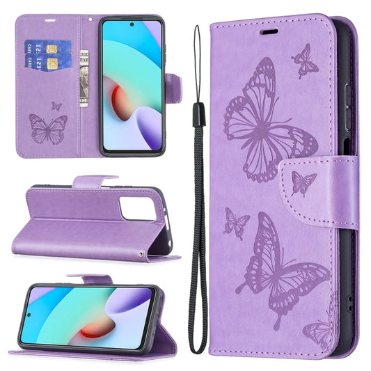 For Xiaomi Redmi 10 Two Butterflies Embossing Pattern Horizontal Flip Leather Case with Holder & Card Slot & Wallet & Lanyard(Purple) - Xiaomi Cases by buy2fix | Online Shopping UK | buy2fix