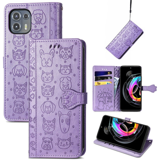 For Motorola Moto Edge 20 Lite Lovely Cat and Dog Embossing Pattern Horizontal Flip Leather Case , with Holder & Card Slots & Wallet & Cartoon Clasp & Lanyard(Purple) - Motorola Cases by buy2fix | Online Shopping UK | buy2fix