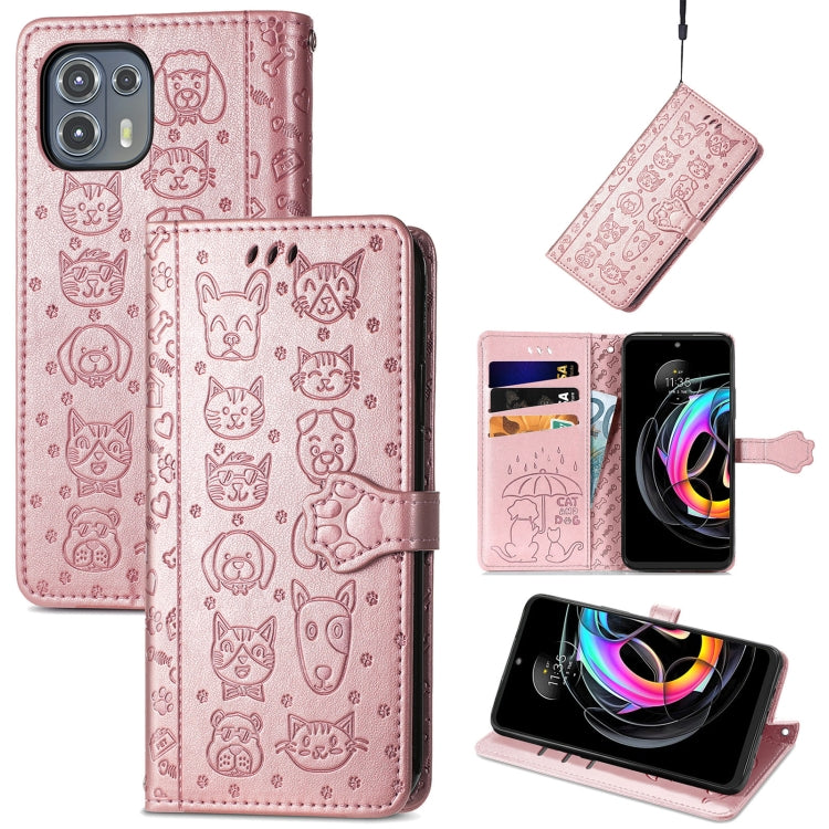 For Motorola Moto Edge 20 Lite Lovely Cat and Dog Embossing Pattern Horizontal Flip Leather Case , with Holder & Card Slots & Wallet & Cartoon Clasp & Lanyard(Rose Gold) - Motorola Cases by buy2fix | Online Shopping UK | buy2fix