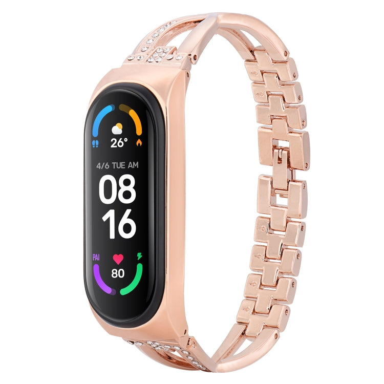 For Xiaomi Mi Band 6 / 5 X-shaped Diamond Alloy Watch Band(Rose Gold) - Watch Bands by buy2fix | Online Shopping UK | buy2fix