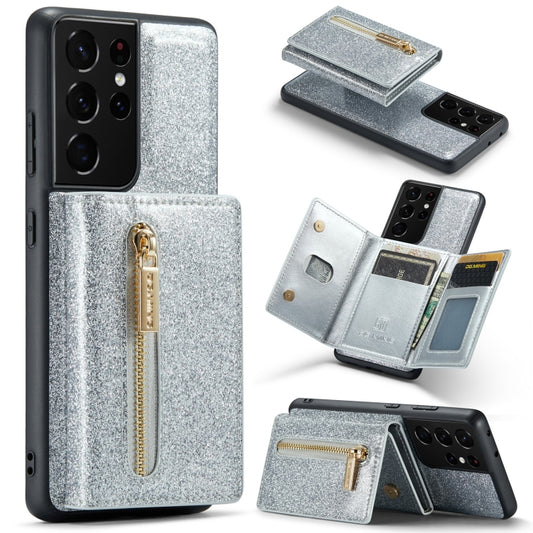 For Samsung Galaxy S21 Ultra 5G DG.MING M3 Series Glitter Powder Card Bag Leather Case(Silver) - Galaxy Phone Cases by DG.MING | Online Shopping UK | buy2fix