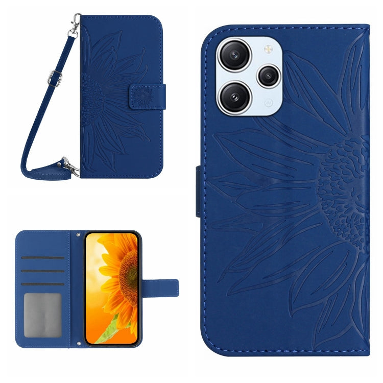 For Xiaomi Redmi 12 5G Skin Feel Sun Flower Embossed Flip Leather Phone Case with Lanyard(Dark Blue) - Xiaomi Cases by buy2fix | Online Shopping UK | buy2fix