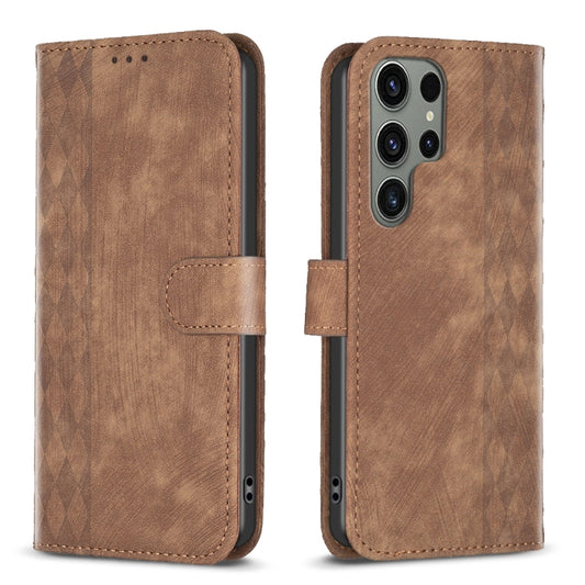 For Samsung Galaxy S24 Ultra 5G Plaid Embossed Leather Phone Case(Brown) - Galaxy S24 Ultra 5G Cases by buy2fix | Online Shopping UK | buy2fix
