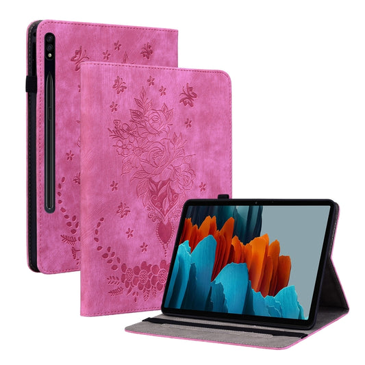 For Samsung Galaxy Tab S9+ Butterfly Rose Embossed Leather Tablet Case(Rose Red) - Galaxy Tab S9+ Cases by buy2fix | Online Shopping UK | buy2fix