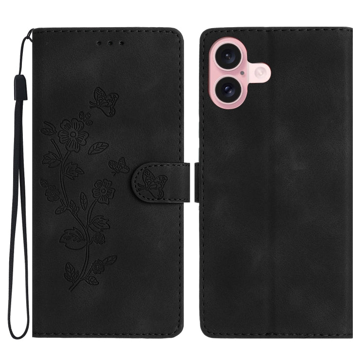 For iPhone 16 Flower Butterfly Embossing Pattern Leather Phone Case(Black) - iPhone 16 Cases by buy2fix | Online Shopping UK | buy2fix