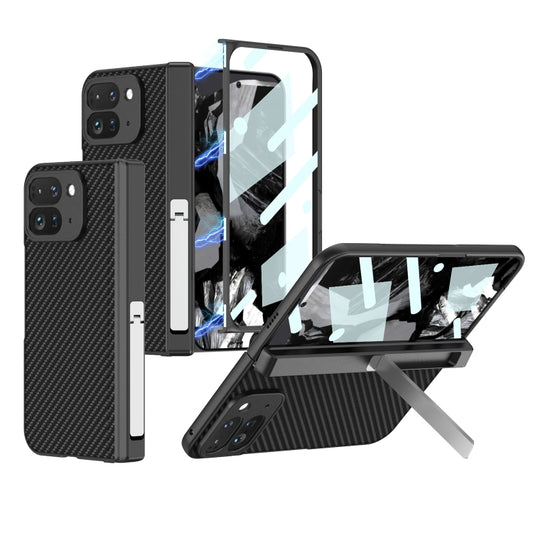 For Google Pixel 9 Pro Fold GKK Integrated Fold Hinge Leather Phone Case with Holder(Carbon Fibre Black) - Google Cases by GKK | Online Shopping UK | buy2fix