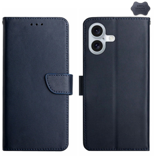 For iPhone 16 Genuine Leather Fingerprint-proof Flip Phone Case(Blue) - iPhone 16 Cases by buy2fix | Online Shopping UK | buy2fix