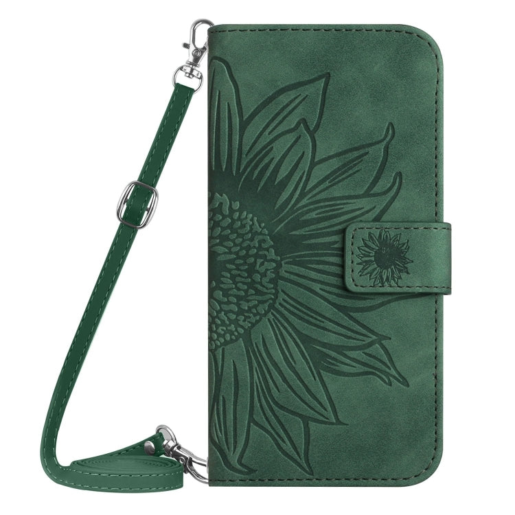 For iPhone 16 Skin Feel Sun Flower Embossed Flip Leather Phone Case with Lanyard(Green) - iPhone 16 Cases by buy2fix | Online Shopping UK | buy2fix