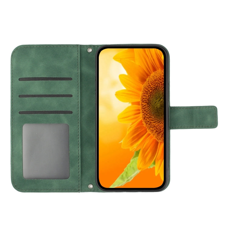 For iPhone 16 Skin Feel Sun Flower Embossed Flip Leather Phone Case with Lanyard(Green) - iPhone 16 Cases by buy2fix | Online Shopping UK | buy2fix