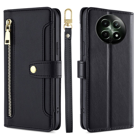 For Realme 12 5G Sheep Texture Cross-body Zipper Wallet Leather Phone Case(Black) - Realme Cases by buy2fix | Online Shopping UK | buy2fix