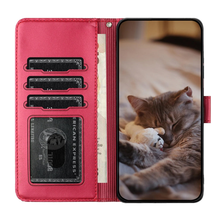 For iPhone 16 Pro Max Cat Embossing Pattern Leather Phone Case with Lanyard(Red) - iPhone 16 Pro Max Cases by buy2fix | Online Shopping UK | buy2fix