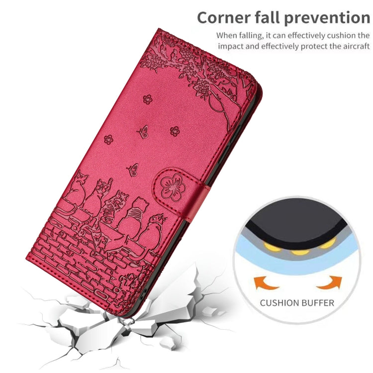 For iPhone 16 Pro Max Cat Embossing Pattern Leather Phone Case with Lanyard(Red) - iPhone 16 Pro Max Cases by buy2fix | Online Shopping UK | buy2fix