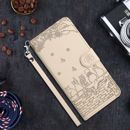 For iPhone 16 Pro Max Cat Embossing Pattern Leather Phone Case with Lanyard(Beige) - iPhone 16 Pro Max Cases by buy2fix | Online Shopping UK | buy2fix