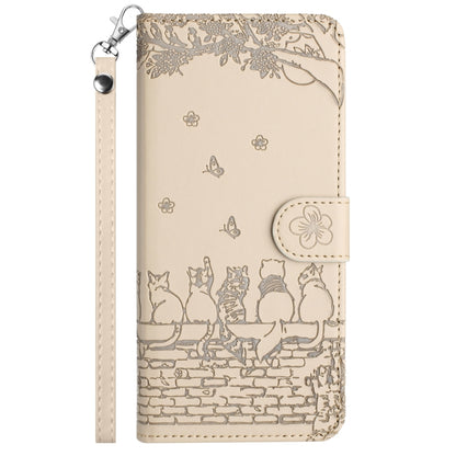 For Samsung Galaxy S23 Cat Embossing Pattern Leather Phone Case with Lanyard(Beige) - Galaxy S23 5G Cases by buy2fix | Online Shopping UK | buy2fix