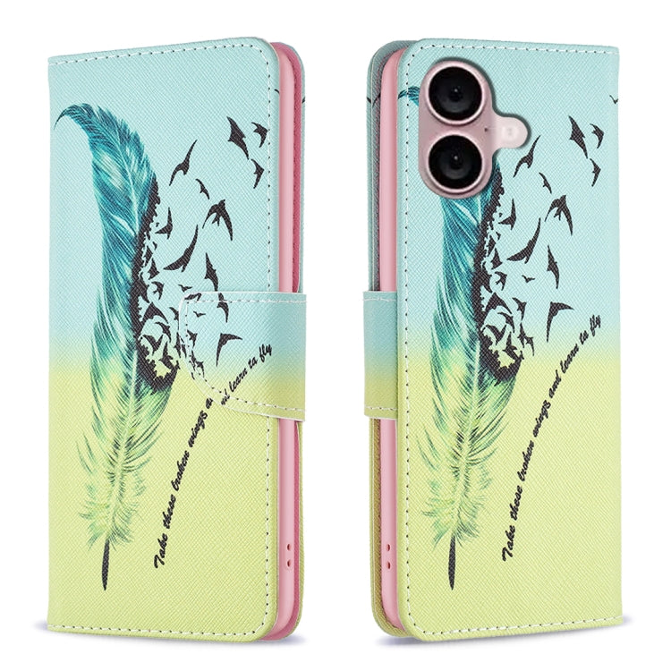 For iPhone 16 Plus Colored Drawing Pattern Leather Phone Case(Feather) - iPhone 16 Plus Cases by buy2fix | Online Shopping UK | buy2fix