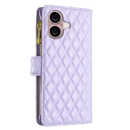 For iPhone 16 Diamond Lattice Zipper Wallet Leather Flip Phone Case(Purple) - iPhone 16 Cases by buy2fix | Online Shopping UK | buy2fix