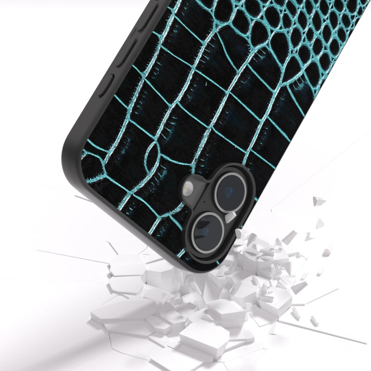 For iPhone 16 ABEEL Genuine Leather Crocodile Pattern Black Edge Phone Case(Blue) - iPhone 16 Cases by buy2fix | Online Shopping UK | buy2fix