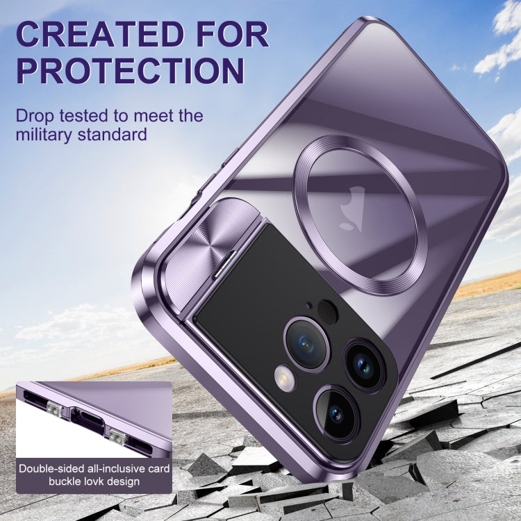 For iPhone 14 Pro Max Large Window Holder MagSafe Magnetic Metal Phone Case(Purple) - iPhone 14 Pro Max Cases by buy2fix | Online Shopping UK | buy2fix