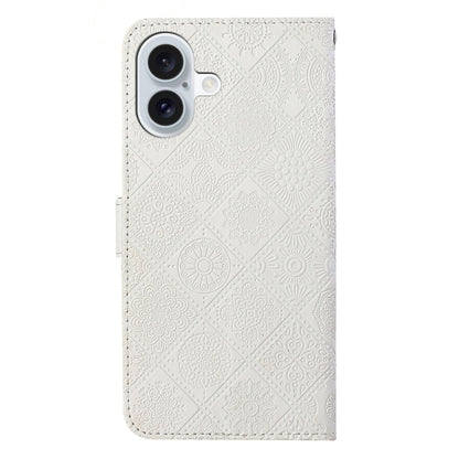 For iPhone 16 Plus Ethnic Style Embossed Pattern Leather Phone Case(White) - iPhone 16 Plus Cases by buy2fix | Online Shopping UK | buy2fix