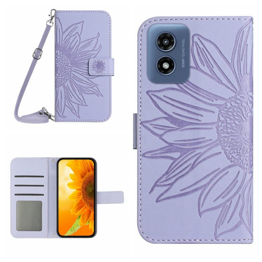 For Motorola Moto G Play 4G 2024 HT04 Skin Feel Sun Flower Embossed Flip Leather Phone Case with Lanyard(Purple) - Motorola Cases by buy2fix | Online Shopping UK | buy2fix