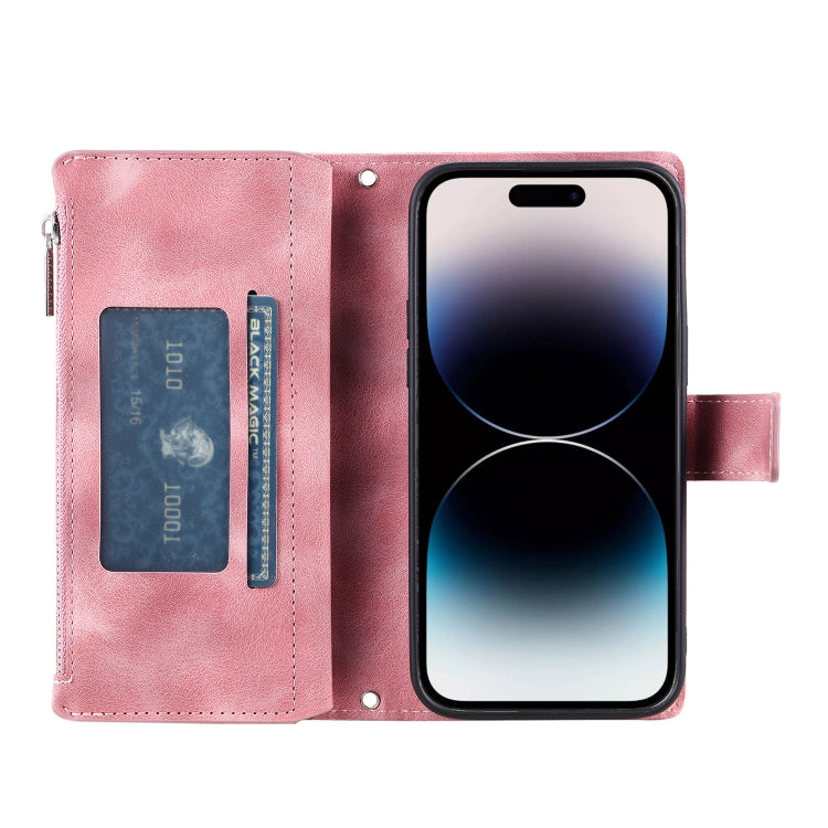 For iPhone 16 Pro Multi-Card Totem Zipper Leather Phone Case(Pink) - iPhone 16 Pro Cases by buy2fix | Online Shopping UK | buy2fix