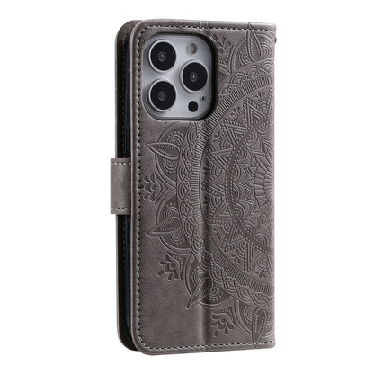 For iPhone 16 Pro Max Totem Flower Embossed Leather Phone Case(Grey) - iPhone 16 Pro Max Cases by buy2fix | Online Shopping UK | buy2fix