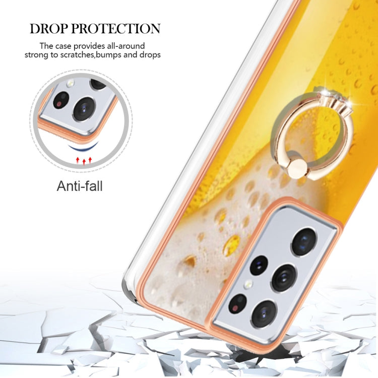 For Samsung Galaxy S21 Ultra 5G Electroplating Dual-side IMD Phone Case with Ring Holder(Draft Beer) - Galaxy S21 Ultra 5G Cases by buy2fix | Online Shopping UK | buy2fix