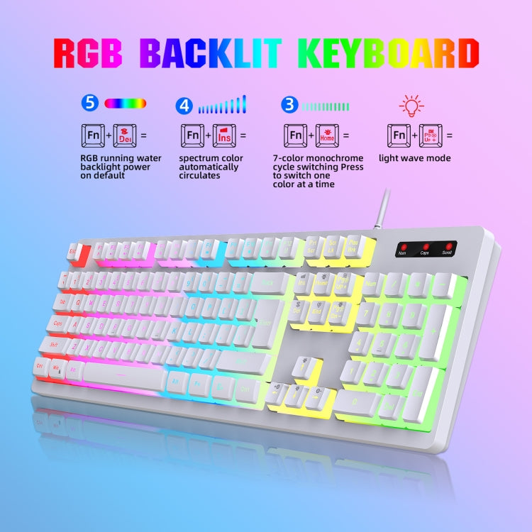 HXSJ L200+X100 Wired RGB Backlit Keyboard and Mouse Set 104 Pudding Key Caps + 3600DPI Mouse(White) - Wired Keyboard by HXSJ | Online Shopping UK | buy2fix