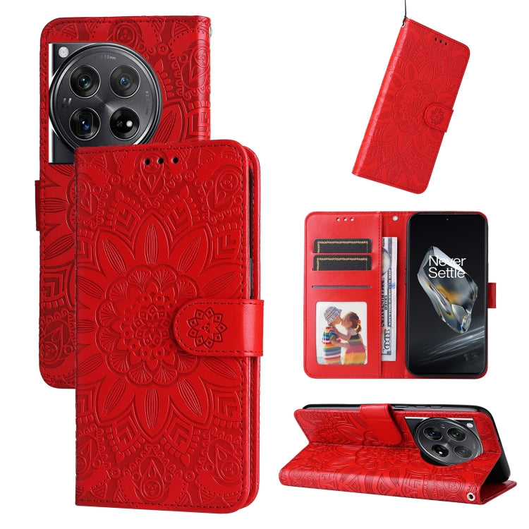 For OnePlus 12 Embossed Sunflower Leather Phone Case(Red) - OnePlus Cases by buy2fix | Online Shopping UK | buy2fix