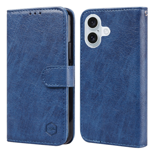 For iPhone 16 Skin Feeling Oil Leather Texture PU + TPU Phone Case(Dark Blue) - iPhone 16 Cases by buy2fix | Online Shopping UK | buy2fix