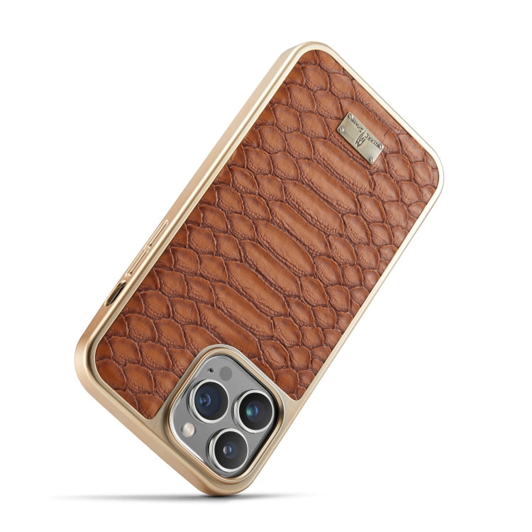 For iPhone 15 Pro Max Fierre Shann Python Texture Electroplating PU Phone Case(Brown) - iPhone 15 Pro Max Cases by FIERRE SHANN | Online Shopping UK | buy2fix