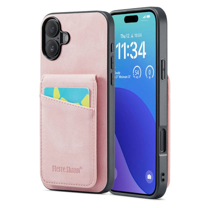 For iPhone 16 Plus Fierre Shann Crazy Horse Card Holder Back Cover PU Phone Case(Pink) - iPhone 16 Plus Cases by FIERRE SHANN | Online Shopping UK | buy2fix