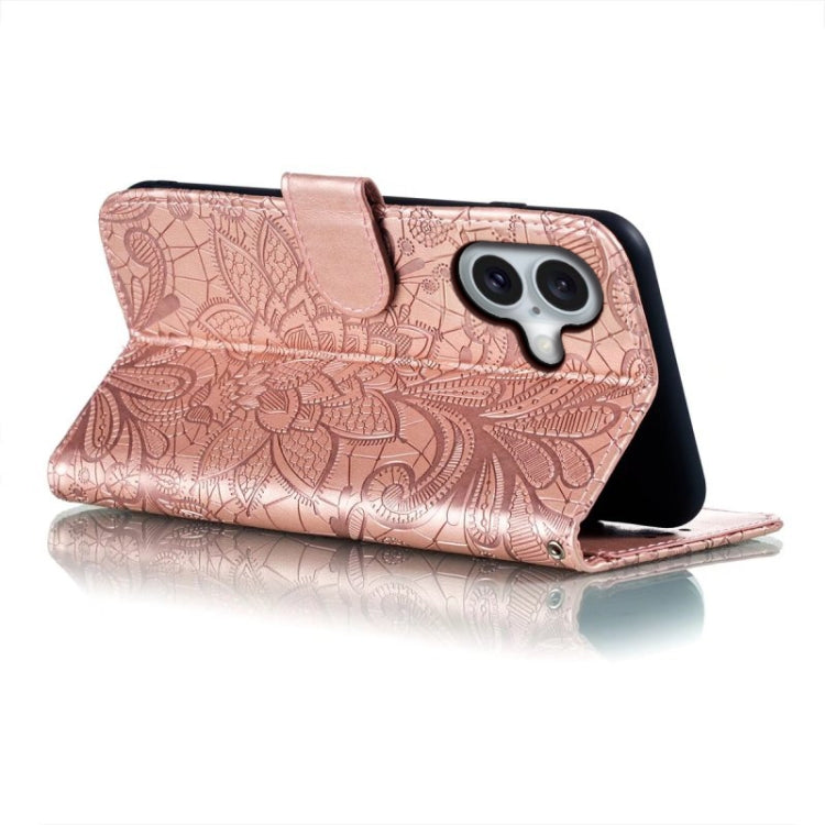 For iPhone 16 Lace Flower Embossing Flip Leather Phone Case(Rose Gold) - iPhone 16 Cases by buy2fix | Online Shopping UK | buy2fix