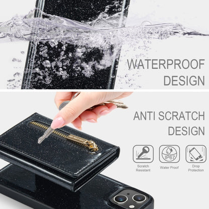 For iPhone 15 DG.MING M3 Series Glitter Powder Card Bag Leather Phone Case(Black) - iPhone 15 Cases by DG.MING | Online Shopping UK | buy2fix