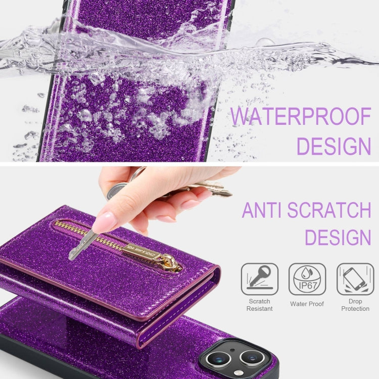 For iPhone 15 Plus DG.MING M3 Series Glitter Powder Card Bag Leather Phone Case(Dark Purple) - iPhone 15 Plus Cases by DG.MING | Online Shopping UK | buy2fix