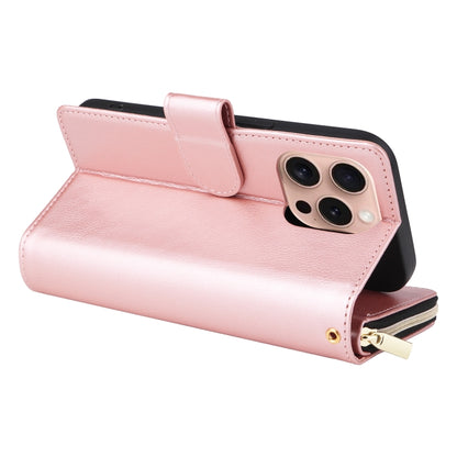 For iPhone 16 Pro 9 Card Slots Zipper Wallet Bag Leather Phone Case(Rose Gold) - iPhone 16 Pro Cases by buy2fix | Online Shopping UK | buy2fix