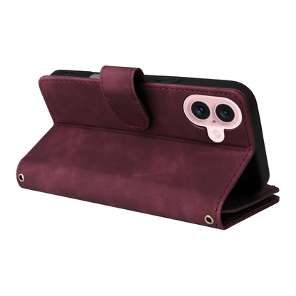 For iPhone 16 Crossbody Multi-card Slot Wallet Zipper Leather Phone Case(Wine Red) - iPhone 16 Cases by buy2fix | Online Shopping UK | buy2fix