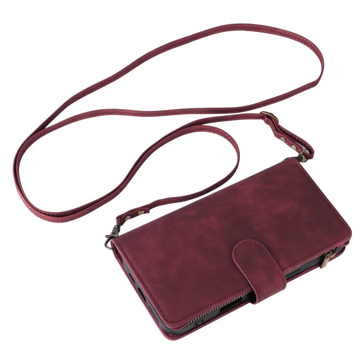 For iPhone 16 Crossbody Multi-card Slot Wallet Zipper Leather Phone Case(Wine Red) - iPhone 16 Cases by buy2fix | Online Shopping UK | buy2fix