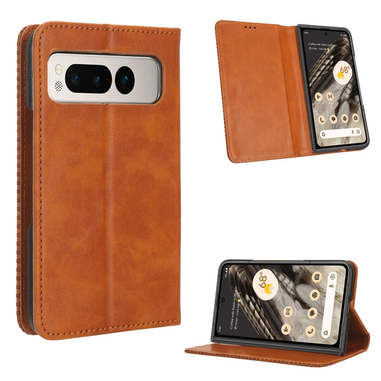 For Google Pixel Fold Magnetic Buckle Retro Texture Leather Phone Case(Brown) - Google Cases by buy2fix | Online Shopping UK | buy2fix